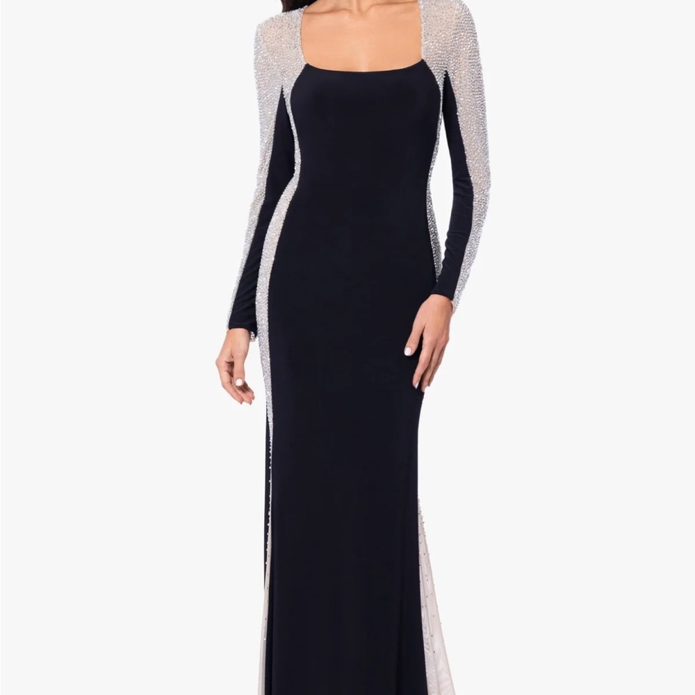Xscape Black Long Sleeve Gown with Silver Crystal Accents